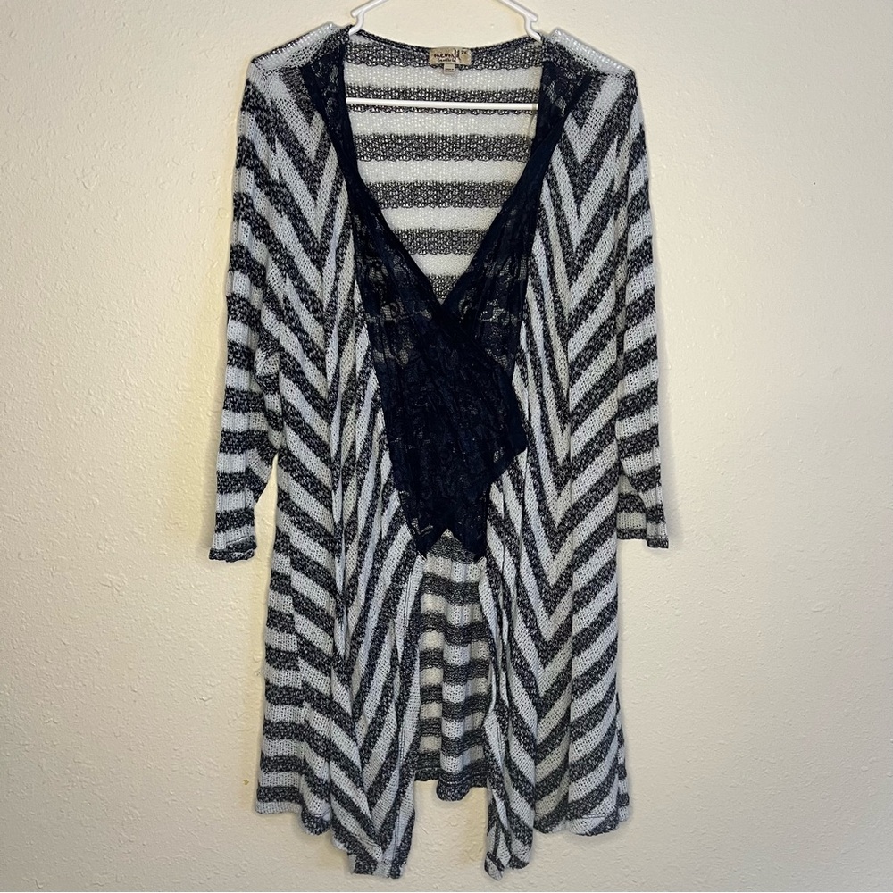 ONE WORLD Black & White Striped Lace-Trim Open Cardigan Size 2X